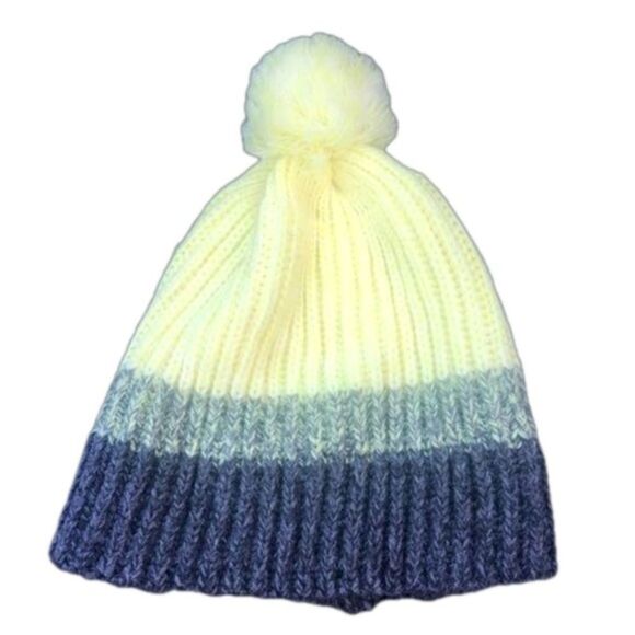 Y2K Yellow & gray stocking cap fleece lined pom pom tassel ski cap winter hat - Picture 1 of 2